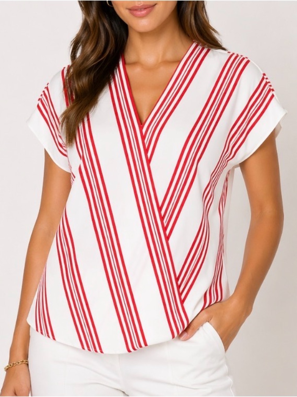 Talbots Women's blouse Faux Wrap Striped Top White Red Size MP short sleeve top